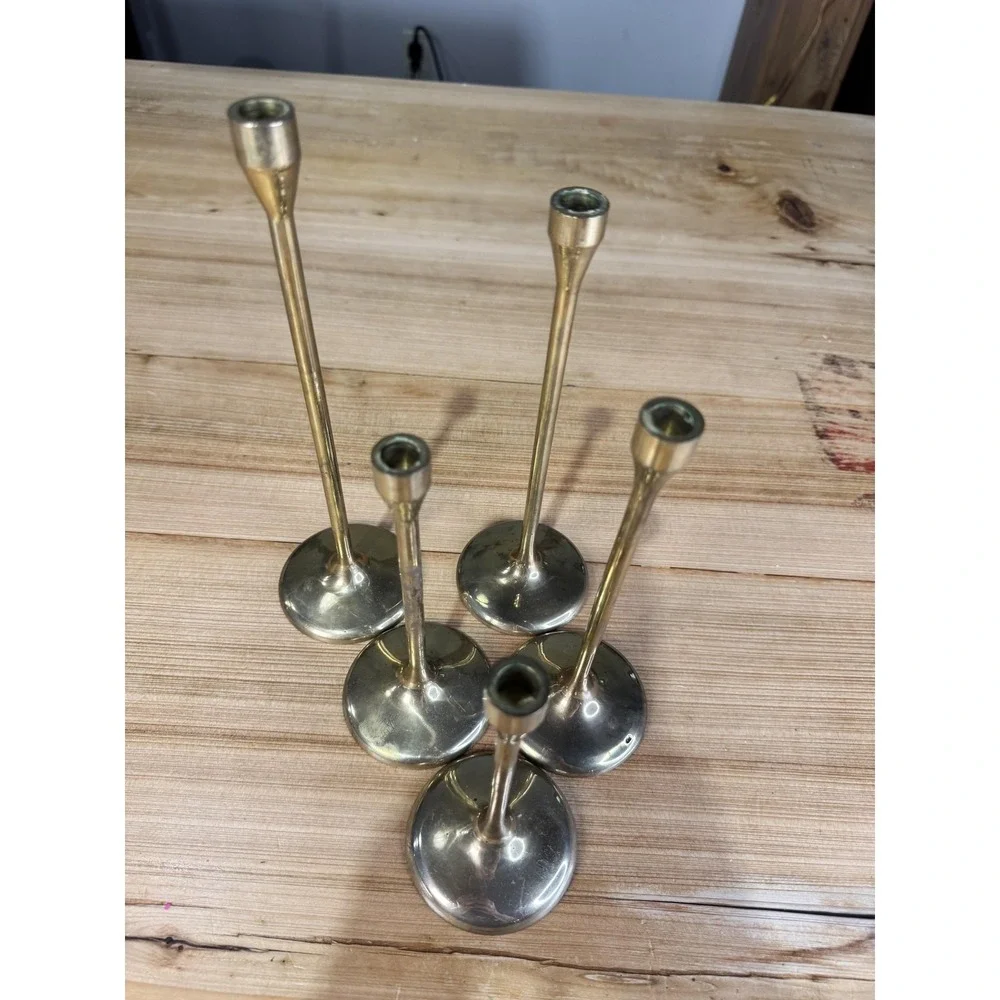 Brass & Copper Collection Cobalt Candlestick‎ Holders Set 5 Gold MCM Vintage